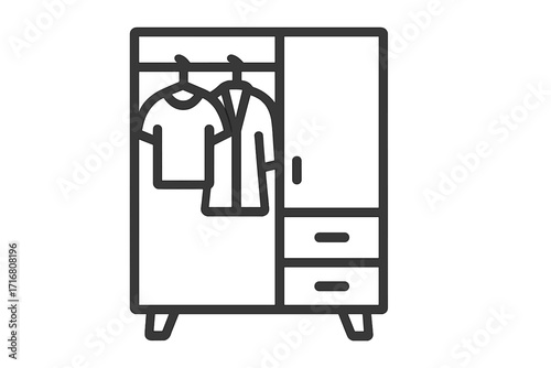 Closet line icon. Wardrobe with clothes hanging. Furniture for home storage and organization. Vector illustration of a cabinet with drawers, shirt and t-shirt. Fashion design.