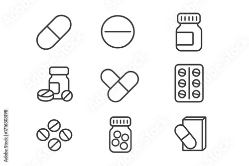 Pills and medication icon set. Pharmacy and healthcare symbols. Editable stroke line icons for web and app design. Vector illustration of tablets, capsules, and drug bottles.