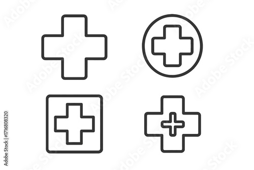 Medical cross line icon set. Hospital plus symbol for first aid and emergency. Health care outline signs for UI, web, and app design. Vector illustration with editable stroke.