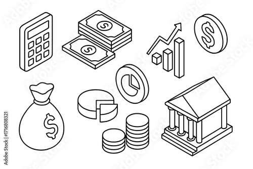 Finance isometric line icon set. Business banking vector illustration. Money, bank, chart, calculator icons. For economy, investment, financial analysis and growth concepts.