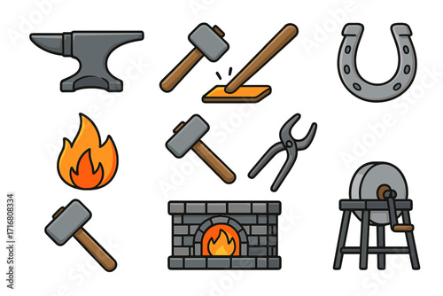 Blacksmith tool icon set for metalworking. Vector cartoon illustration of forging equipment. Smithy collection with anvil, hammer, tongs, horseshoe, fire, and forge icons.