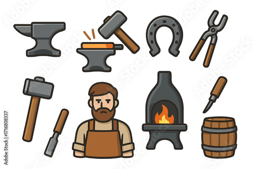 Blacksmith forging icon set. Smithy tools for metalwork and farrier craft. Vector cartoon illustration with anvil, hammer, horseshoe, forge, tongs. Handmade industry.