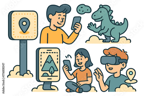 Augmented and virtual reality doodle concept. People with smartphones and VR headsets. AR gaming with dinosaur. Mixed reality navigation and entertainment cartoon vector set.