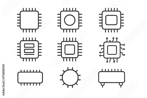 Chip line icon set. Processor, CPU, and microchip symbols. Electronic component and computer hardware pictogram collection. Tech integrated circuit vector. Editable stroke.