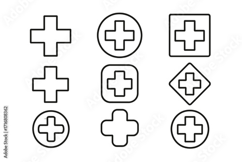 Medical cross outline icon set. First aid plus sign and hospital symbol collection. Simple linear icons for health, medicine, emergency, and pharmacy. Editable stroke vector.