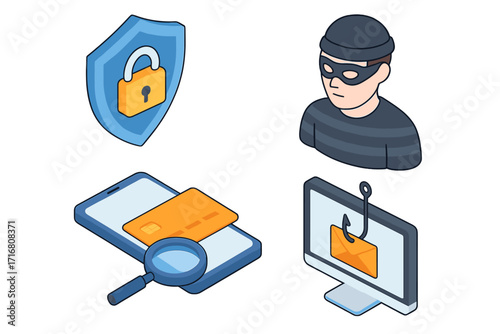 Cyber security and fraud protection isometric icon set. Phishing email attack, hacker, credit card safety, and data encryption shield. Vector icons for online banking safety.