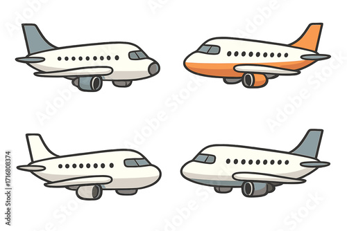 Airplane cartoon vector illustration set. Collection of cute passenger jets. Aviation transport concept for travel and tourism design. Simple flat aircraft icon pack isolated.