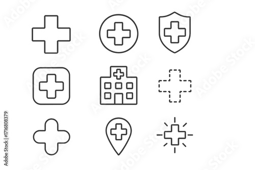 Medical cross health care line icon set. Hospital, clinic, and pharmacy symbols. First aid, emergency, medicine, and protection signs. Vector outline illustration.