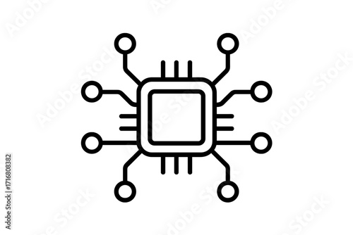 Metaphor artificial intelligence technology. CPU processor microchip line icon. Computer hardware circuit board symbol. Concept for data processing, network, machine learning. Vector.