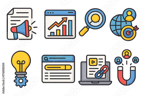 Content marketing & SEO icon set. Digital strategy. Inbound lead generation. Link building. Keyword research. Analytics growth chart. Target audience. Vector illustration pack.