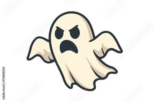 Angry ghost vector icon. Flying phantom cartoon character for Halloween. Spooky monster spirit illustration. Evil poltergeist mascot concept. Scary horror creature design.