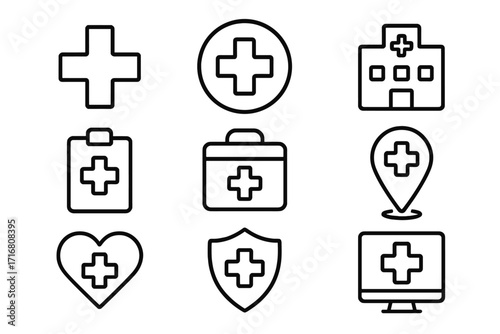 Medical line icon set with health cross symbol. Hospital, clinic, first aid kit, doctor bag, location pin, medical record, online consultation, heart care, health insurance icons.