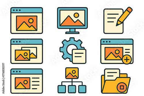 Content management system icon set. Flat vector illustration for web design and development. CMS admin panel UI elements. Digital data organization and website interface kit.