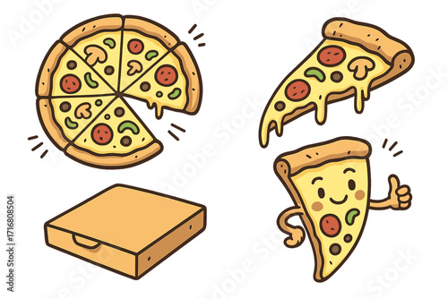 Cute pizza character and food illustration set. Vector cartoon doodle of whole pizza, slice with melted cheese, and delivery box. Fun mascot for pizzeria, fast food menu.