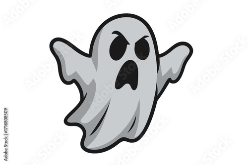 Scary ghost vector icon. Angry phantom character illustration. Spooky Halloween monster flying. Evil spirit or poltergeist for horror design. Cartoon supernatural creature.