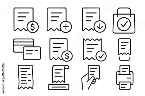 Receipt icon set. Store invoice, bill, payment line icons. Vector financial pictograms. Checkout, credit card, print, download symbols. Minimalistic editable stroke.