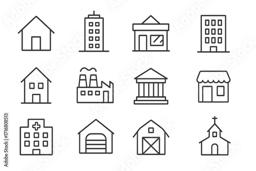 Building line icon set. Real estate and architecture symbols. House, office, bank, hospital, factory, church, shop and barn pictogram collection. Editable stroke vector.