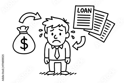 Financial crisis doodle concept. Stressed businessman worried about loan payments and debt burden. Cartoon vector illustration of money problems and financial pressure.