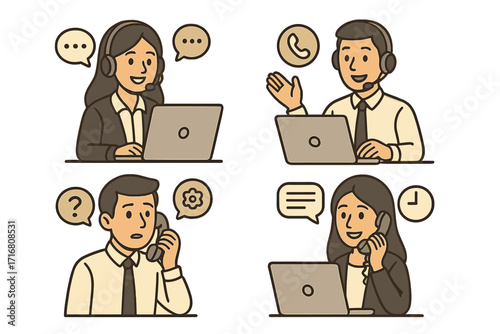 Set of customer service characters. Call center agents, male and female operators with headsets. Vector cartoon illustrations for helpdesk, online support, and client assistance.