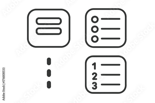 Menu and list icons set for user interface design. Vector line art collection with hamburger menu, bullet list, and numbered checklist symbols. Editable stroke for web, app.