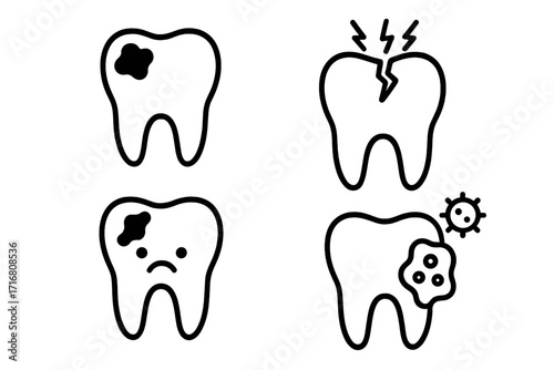 Tooth icon set with dental problems outline. Tooth decay, cavity, cracked tooth, infected tooth vector illustration for dental care, oral health, and dental treatment concepts.
