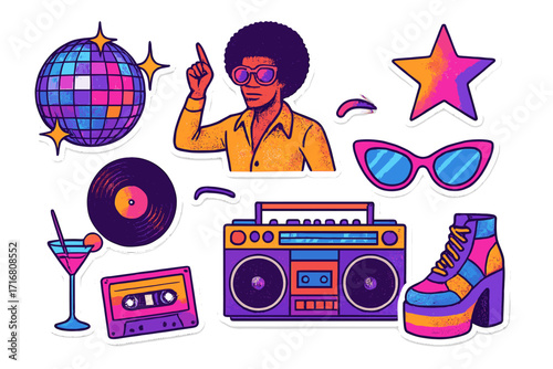 Disco themed sticker set with bright retro 80s and 70s elements. Groovy party collage with vintage equipment like boombox, vinyl record, cassette tape, and disco ball.