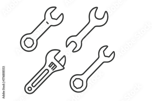 Set of line icons of wrench. Spanner, adjustable wrench vector pictogram. Minimalist outline symbol for repair, mechanic, maintenance service, plumbing and technical work. Editable stroke.