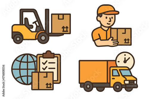 E-commerce & online shopping icon set for delivery & logistics. Vector cartoon illustration of forklift, courier, truck & worldwide shipping. Warehouse service & fast delivery.
