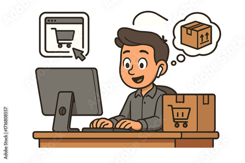 E-commerce vector illustration. Man shopping online, ordering product from internet store via computer. Cartoon character customer with package box for delivery service concept.