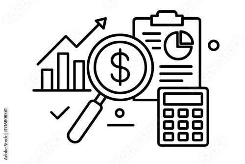 Financial audit and data analysis vector line icon. Business accounting report with charts and calculator for budget planning. Economic growth and market research concept.