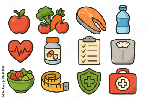 Health and wellness icon set. Healthy lifestyle, food, diet, and fitness concepts. Vector cartoon illustration of nutrition, vitamins, weight loss, medical care, and sport.