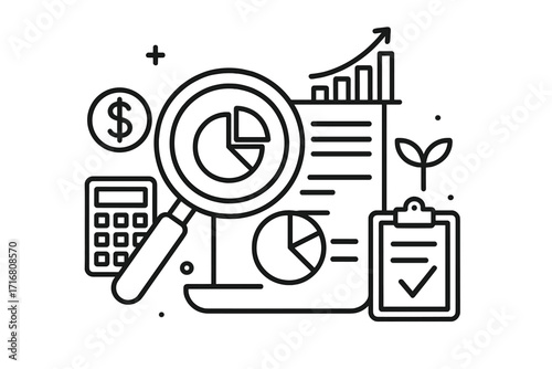 Financial data analysis, audit, and business growth line illustration. Investment strategy and accounting report concept. Magnifying glass over chart, calculator, and checklist icons.