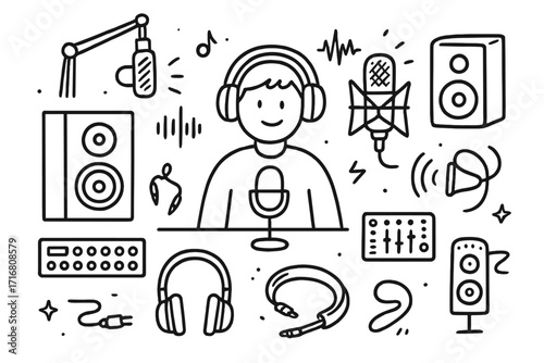 Podcast audio recording doodle icon set. Vector line art of podcaster at microphone with studio equipment. Music production, radio broadcast, streaming concept illustration.