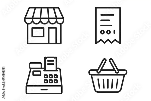 Shopping line icon set. Storefront, receipt, cash register, and basket thin line icons. Retail business, e-commerce, and online shopping vector symbols for web, UI, app design.