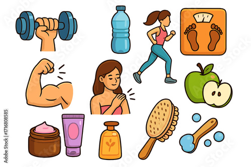Fitness and body care icon set. Vector cartoon illustration of healthy lifestyle, exercise, diet, and skincare. Self-care, hygiene, beauty products, and workout items.
