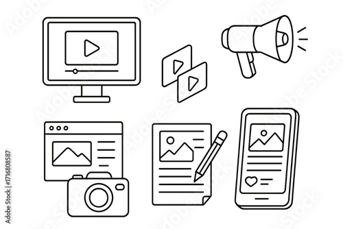Digital content marketing outline icon set. Vector symbols for social media, blogging, video production, copywriting, advertising. Web promotion and online business icons.