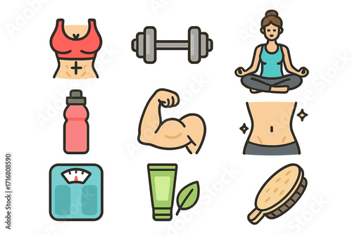 Fitness and body care icon set. Healthy lifestyle vector cartoon illustration. Concepts for yoga, dumbbell workout, muscle gain, weight loss, slim body, beauty, and wellness.