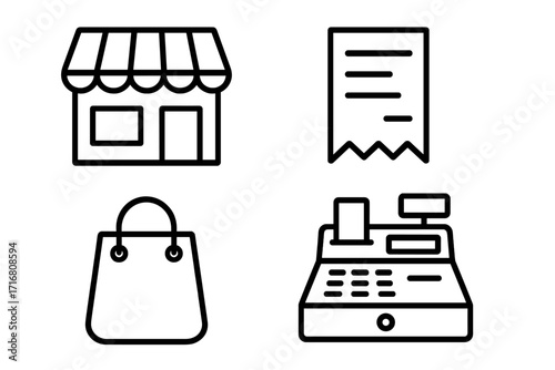 Retail and shopping line icon set. Vector illustration bundle of simple outline symbols like store, receipt, cash register, bag. For commerce, marketing, website, app design.