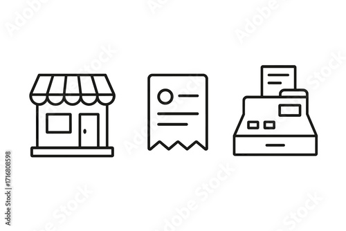 Shopping outline icon set. Store, receipt, and cash register symbols. Simple vector line icons for retail, e-commerce, web design, apps, checkout, payment, and purchase.
