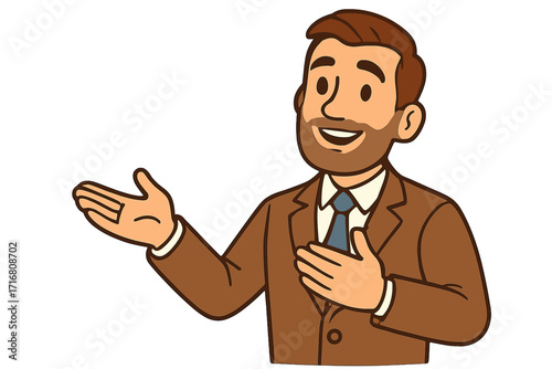 Friendly cartoon businessman character presenting and explaining. Man in suit with welcoming gesture for business presentation, marketing or company mascot. Vector illustration.