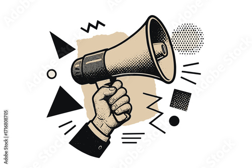 Hand holding loudspeaker halftone collage. Breaking news and sale announce concept. Megaphone for marketing, promotion, advertising. Retro vector illustration with torn paper.