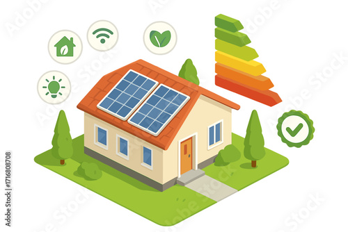 Energy efficient house with solar panels and smart home technology. Eco-friendly, sustainable living concept with green energy certification chart. Isometric vector illustration.