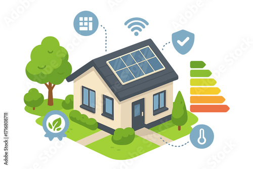Smart home with solar panels vector concept. Energy-efficient house with green renewable energy. Eco friendly home automation technology with certification chart. Isometric.