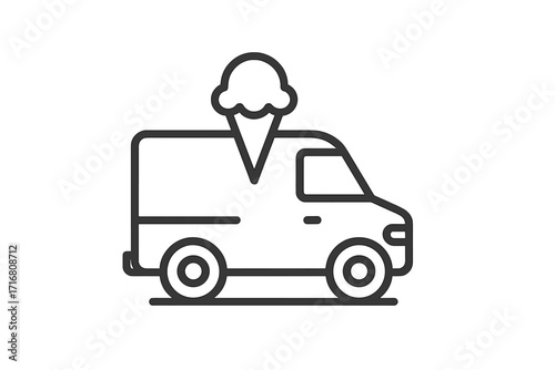 Minimalistic ice cream van outline icon for web and graphic design, apps, banners, social network, cards, vector cartoon illustration with transparent background, food truck concept