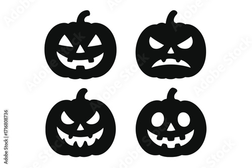Halloween pumpkin silhouette vector icon set. Jack o lantern face collection with scary, happy, angry, and evil emotions. Spooky black cartoon illustration for holiday design.