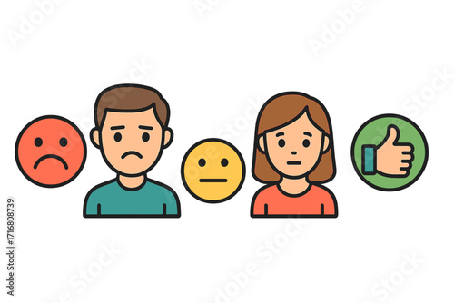 Customer satisfaction feedback icons. Man and woman characters with sad, neutral, and happy emoji faces. User experience rating, review, and survey concept vector illustration.