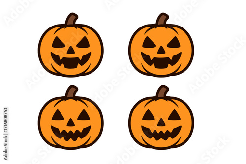 Halloween pumpkin icon set. Jack o lantern flat style vector cartoon illustration. Spooky scary creepy and smiling face expression collection for autumn holiday party decor.