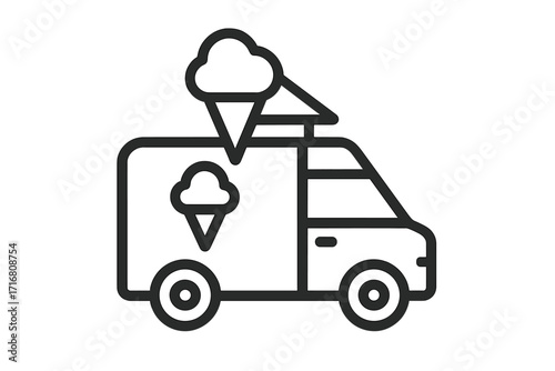 Minimalistic ice cream truck icon, thin line vector illustration, cartoon van with ice cream cone design, perfect for web, graphic design, apps, banners, social media, and cards