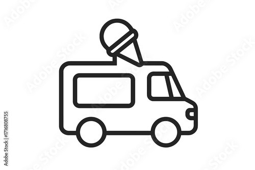 Minimalistic ice cream van icon, thin line vector illustration for web, graphic design, apps, banners, social media, marketing, delivery truck, dessert food truck