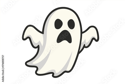 Scared ghost character icon. Spooky Halloween cartoon phantom mascot. Funny, surprised spook spirit apparition. Simple flat vector illustration with a transparent background.